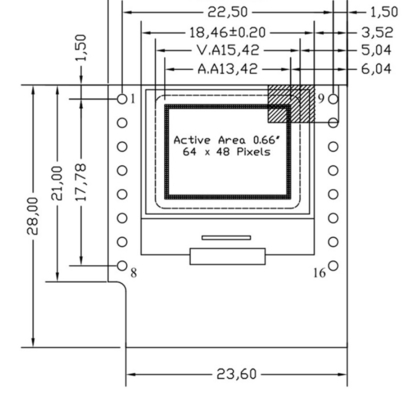 0.66 بوصة IIC شاشة OLED 16 دبوس مع 64x48 بكسل ، أحرف بيضاء / زرقاء شاشة OLED ذات طاقة منخفضة للغاية