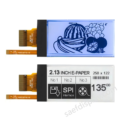 شاشة E-ink بحجم 2.13 بوصة مع إضاءة أمامية | 122×250 | تحديث جزئي 0.3 ثانية | واجهة SPI | CTP مخصصة